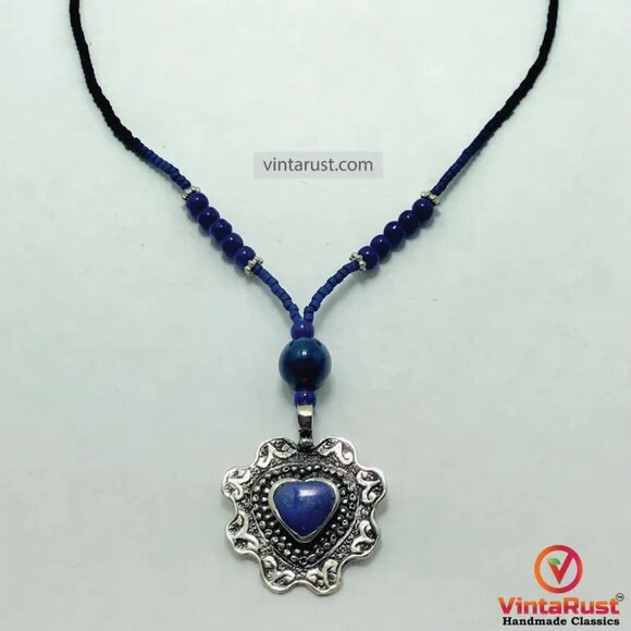 Blue Beaded Necklace with Silver Heart Lapis Pendant, Unique Beaded Necklace - Picture 4 of 11